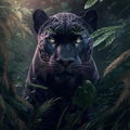 Sleek black panther in dark dramatic jungle (generative AI)