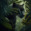 Sleek black panther in dark dramatic jungle (generative AI)