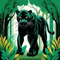 Sleek black panther prowls through a deep green forest