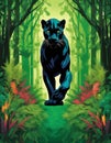 Sleek black panther prowls through a deep green forest