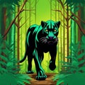 Sleek black panther prowls through a deep green forest