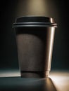 Black disposable coffee cup with lid illuminated by a spotlight Royalty Free Stock Photo