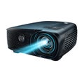 A sleek black projector projects a brilliant blue beam of light against a dark backdrop Royalty Free Stock Photo