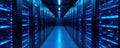 Sleek black server racks bathed in electric blue light within a modern data center hallway , data center design, data, server Royalty Free Stock Photo