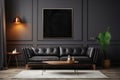 Sleek black sofa in a 3D rendered modern living room interior