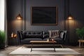 Sleek black sofa in a 3D rendered modern living room interior