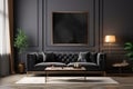 Sleek black sofa in a 3D rendered modern living room interior