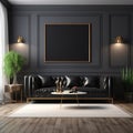 Sleek black sofa in a 3D rendered modern living room interior