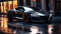 A sleek black sports car parked in an empty city street at night. AI Generative Royalty Free Stock Photo