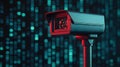 Surveillance Camera Scanning Holographic Data in a Futuristic Neon Environment and Dark Background