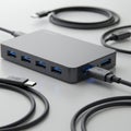 A sleek black USB hub featuring multiple USB 3.0 ports on its side, with blue indicators Royalty Free Stock Photo