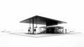 A sleek black and white gas station design for a modern fuel dispensing complex, set against a clean white background