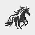 A sleek black and white horse is running energetically on a white background, Graceful equine form in grayscale, minimalist simple