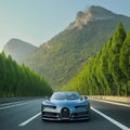 Blue Bugatti Chiron on a Highway with Mountain Background