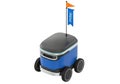 Modern delivery robot with blue body and flag on top navigating through space Royalty Free Stock Photo