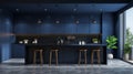 Sleek Blue Kitchen Design with Modern Bar Stools Royalty Free Stock Photo