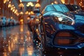 A sleek blue sports car parked on a wet city street at night