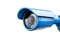 Sleek blue surveillance camera with protective hood emphasizing durability weather resistance and modern design in a realistic