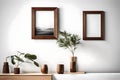 A sleek, brown wooden frame hanging on a white wall, capturing the essence of minimalism and sophistication