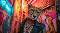 Sleek cheetah adorned with tribal tattoos, wearing a leather jacket