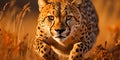 A sleek cheetah, muscles taut, captured midstride against a blurred savannah backdrop, embodyin Royalty Free Stock Photo