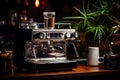 Sleek coffee machine elegantly brewing aromatic beverages in a cozy, dimly illuminated kitchen