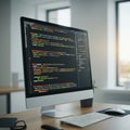 A sleek computer monitor displays colorful lines of code in a programming interface, Royalty Free Stock Photo