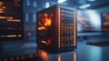 A sleek computer server is situated on a desk, illuminated with vibrant orange lights