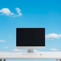 A sleek computer setup features a large monitor with a black screen, a white