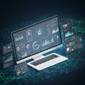 A sleek computer setup features a monitor displaying data visualization tools, Royalty Free Stock Photo