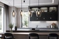 a sleek, contemporary bathroom with a combination of lighting fixtures and lamps