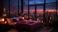 A sleek and contemporary bedroom with neon lights