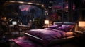 A sleek and contemporary bedroom with neon lights running