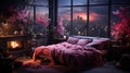 A sleek and contemporary bedroom with neon lights