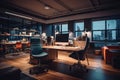 A sleek and contemporary image showcasing a well-designed office space with stylish furniture, natural lighting, and a clean