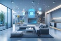 A sleek and contemporary smart home interior with AI-driven devices, automated lighting, and smart security systems