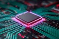 High-tech microchip with glowing neon circuit pathways illustrating advanced electronic connections on a futuristic printed Royalty Free Stock Photo