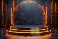 Sleek 3D black and gold podium on neon lit abstract stage