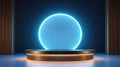 Sleek 3D Render: Blank Podium Set Against a Circular Blue Neon Glow, an Ultra-Modern Display of Minimalist Elegance