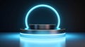 Sleek 3D Render: Blank Podium Set Against a Circular Blue Neon Glow, an Ultra-Modern Display of Minimalist Elegance