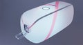 A modern white computer mouse with a pink accent stripe and transparent cable isolated on a solid purple background in 3D Royalty Free Stock Photo