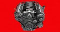 A 3D rendered side view of a modern car engine with pistons valves and cables on a red background with the number 6.21 Royalty Free Stock Photo