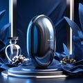 Sleek dark blue capsule-shaped device displayed on a circular platform. Royalty Free Stock Photo