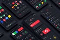 Sleek dark-themed mobile screens Design a UI for a multi-lingual learning app with a focus on language flags Royalty Free Stock Photo