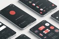 Sleek dark-themed mobile screens Design a UI for a multi-lingual learning app with a focus on language flags Royalty Free Stock Photo