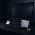 Sleek Dark Workspace with Multiple Devices Displaying Data Analytics and User Interface Elements Royalty Free Stock Photo