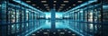 Sleek data center with advanced server racks emitting captivating blue glow in an organized setting