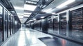 A sleek data center buzzes with life as rows of powerful servers and computer systems illuminate the room, reflecting innovation