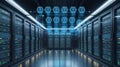 Futuristic Data Center with Hexagonal Holograms and Server Racks for Technology and Innovation