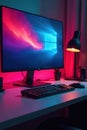 Sleek desktop computer ergonomic keyboard setup, wooden, power